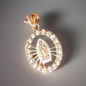 14K Gold Virgin Mary Pendant Oval Halo Cubic Zirconia Religious Charm Gift